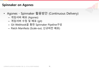 16COPYRIGHTⓒ2018 BY SK HOLDINGS C&C CO., LTD. ALL RIGHTS RESERVED 16COPYRIGHTⓒ2018 BY SK HOLDINGS C&C CO., LTD. ALL RIGHTS RESERVED
Spinnaker on Agones
• Agones - Spinnaker 활용방안 (Continuous Delivery)
– 게임서버 배포 (Agones)
– 게임서버 수정 및 배포 (git)
– Git Webhook을 통한 Spinnaker Pipeline구성
– Patch Manifests (Scale-out, 신규버전 배포)
 
