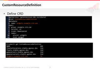 5COPYRIGHTⓒ2018 BY SK HOLDINGS C&C CO., LTD. ALL RIGHTS RESERVED 5COPYRIGHTⓒ2018 BY SK HOLDINGS C&C CO., LTD. ALL RIGHTS RESERVED
CustomResourceDefinition
• Define CRD
1
2
3
4
5
6
7
8
9
10
11
apiVersion: apiextensions.k8s.io/v1beta1
kind: CustomResourceDefinition
metadata:
name: widgets.example.crd.com
spec:
group: example.crd.com
version: v1
scope: Namespaced
names:
plural: widgets
kind: Widget
$ kubectl get CustomResourceDefinition
NAME AGE
fleetallocations.stable.agones.dev 11d
fleets.stable.agones.dev 11d
gameservers.stable.agones.dev 11d
gameserversets.stable.agones.dev 11d
widgets.example.crd.com 2m
 