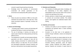 KSSM BAHASA INGGERIS TINGKATAN 1
16
nurtured in pupils through teaching and learning.
 Knowledge about the importance of environmental
conservation will cultivate appreciation of the
environment and subsequently affect positive behaviour.
3. Values
 Values are given due emphasis in SBELC so that pupils
understand and practise them in their daily lives. These
values encompass aspects of spirituality, humanity and
citizenship.
4. Science and Technology
 . Inculcating pupils’ interest in science and technology will
accelerate their literacy in science and technology.
 The use of technology in teaching and learning will
capture pupils’ interest thus making teaching and learning
effective and fun.
 The development of scientific and technological attitudes,
approaches and skills is necessary to cope with the
rapidly changing environment for problem-solving and
decision making in our daily lives. The use of scientific
and technological approaches enhances teaching and
learning to meet personal, local and global requirements.
5. Patriotism and Citizenship
 The importance of instiling good values, knowledge, and
the understanding of the duties, obligations and
responsibilities of each and every citizen of this country is
crucial for the well being of the country.
 Similarly, patriotism is instiled through pupils’ participation
in curricular and co-curricular activities. This enables
pupils to work together and collaborate towards nation-
building.
6. Creativity and Innovation
 Creativity is the ability to use the imagination to gather,
comprehend and generate ideas to create something
new and original.
 Innovation on the other hand, is the application of
creativity through modification, revision and development
of an idea.
 Creativity and innovation are closely related and are vital
components for the development of individuals to face
the challenges of the 21st
century. Through creative and
innovative teaching approaches, pupils will display
interest, curiosity, excitement and greater growth in
learning. Creativity and innovation in pupils should be
 
