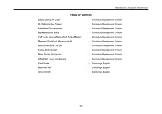KSSM BAHASA INGGERIS TINGKATAN 1
59
PANEL OF WRITERS
Eileen Jessie Ah Guan - Curriculum Development Division
Dr.Rabindra Dev Prasad - Curriculum Development Division
Kalaichelvi Subramaniam - Curriculum Development Division
Ida Hairani binti Bakar - Curriculum Development Division
YM Tunku Ireneza Marina binti Tunku Mazlan - Curriculum Development Division
Masreen Wirda binti Mohammad Ali - Curriculum Development Division
Anon Sham binti Che Din - Curriculum Development Division
Fairuz binti Hamzah - Curriculum Development Division
Noor Azmira binti Amran - Curriculum Development Division
Zilfadhilah Hasni binti Zakaria - Curriculum Development Division
Paul Wade - Cambridge English
Nishreen Ash - Cambridge English
Simon Smith - Cambridge English
 