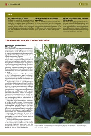 13
Biomangfold i landbruket mot
klimaendringer
Utviklingsfondets programkoordinator for Latin-
Amerika, Rosalba Ortiz, peker på at hovedproblemene i
landbruket i Latin-Amerika i forhold til klimatilpasninger
er en kombinasjon av økonomiske, kunnskapsmessige
og politiske forhold. Det gjør småbøndene til en av de
mest sårbare gruppene i regionen.
– Fattige bønder har dårlig tilgang på frø av god kvalitet,
noe som skyldes manglende inntekter og liten kunnskap
om bevaring av riktige frøsorter og juridiske rammeverk.
I tillegg har bøndene svært homogene avlinger, som er
veldig utsatt når klimaet svinger. Det gjør at bøndene
ofte mister alt de eier når katastrofene først kommer.
De kommer i form av ekstreme klimatiske variasjoner;
lengre tørkeperioder som følges av flommer. Bøndene
får ofte ikke hodet over vannet igjen før neste katastrofe
er i gang.
Deltakende plantegenetisk foredling – Meso-America
(PPB-MA) er et paraplyprogram for seks land i Mellom-
Amerika, inkludert Nicaragua og Honduras, som handler
om planteforedling og biologisk mangfold som svar
på klimaproblemene innen landbruket.
– Programmet er basert på samarbeid mellom
myndigheter, akademia og bøndene selv. Bøndene
kommer med den empiriske kunnskapen som ligger til
grunn for all videre utvikling av plantesorter.Akademia
tilfører teknisk kunnskap som er helt avgjørende for
å bringe frem de plantesortene som er best tilpasset
forholdene, mens myndighetene på sin side er spesielt
viktige når det kommer til spørsmål om rettigheter.
Nettopp den deltakende metoden, der bøndene selv
bidrar med sin kunnskap og erfaring i prosjektene,
gjør at de selv føler eierskap, og er selve kjernen til
suksess, mener Rosalba.
Rosalba peker spesielt på at utvikling av frøsystemer
er en viktig del av dette arbeidet. Det innbærer både
å sikre fattige bønders tilgang på frø, og sørge for
utdanning slik at de selv kan krysse frem enda bedre
og mer tilpassede frø. I tillegg er det viktig å styrke
bøndenes rettigheter, slik at kunnskapen og resultatene
kommer de fattigste til gode på lang sikt, og ikke bare
faller i hendene på de kommersielle frøselskapene.
– Den politiske delen av PBB-MA må styrkes slik at
man får nedfelt bøndenes rett til egne såfrø i lovverket.
Bare slik kan de fattige bøndenes situasjon bedres på
lang sikt, slår hun fast.
I sin sluttappell er Rosalba også klinkende klar:
– Nye tiltak for å reversere den negative klimautviklingen
er absolutt nødvendig, men det er minst like viktig å
opprettholde arbeidet med å gjøre fattige i stand til å
takle klimakonsekvensene de allerede opplever. Når
klimaet blir verre, må vi bare bli enda bedre.
REST : Relief Society of Tigray
REST har vært ansvarlige for implementeringen av
nødhjelps- og utviklingsaktiviteter i Tigray siden
etableringen i 1978. Mens fokuset opprinnelig var
på nødhjelp under borgerkrigen, konsentrerer
REST seg i dag om å angripe Tigrays strukturelle
matunderskudd gjennom langsiktige, bredt anlagte
tiltak. Dette arbeidet retter seg spesielt mot de tørreste
områdene.
APDA: Afar Pastoral Development
Association
APDA ble etablert som organisasjon i 1997 etter å
ha vært et frivillig initiativ siden 1993. Organisasjon
som arbeider i den tørre Afar-regionen øst i Etiopia.
Sosiale tjenester utgjør kjerneaktiviteten til APDA,
og de leverer en rekke tjenester til husdyrnomader
i Afar, og taler deres sak overfor myndighetene.
PPB-MA: Participatory Plant Breeding
- Meso-Amerika
PPB-MA er et paraplyprogram for Costa Rica,
Nicaragua, Honduras, Guatemala, Mexico og Cuba.
Hnesikten er med programmet er å bedre småbønders
levekår gjennom deltakende planteforedlingsteknik-
ker. Utviklingsfondet finansierer halvparten av
programmets felleskostnader, samt prosjektene på
grasrotnivå i Honduras og Nicaragua
FAKTA
Santo Luis Merlo demonstrerer kryssing av maisplanter på gården sin i landsbyen El Rosario, Nicaragua.
Foto: Christoffer R. Klyve.
“Når klimaet blir verre, må vi bare bli enda bedre”
 