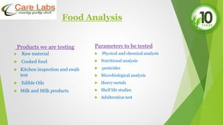 Food Analysis
Products we are testing
 Raw material
 Cooked food
 Kitchen inspection and swab
test
 Edible Oils
 Milk and Milk products
Parameters to be tested
 Physical and chemical analysis
 Nutritional analysis
 pesticides
 Microbiological analysis
 Heavy metals
 Shelf life studies
 Adulteration test
 