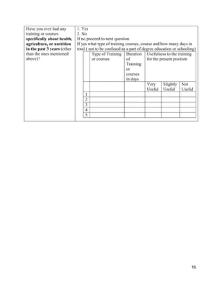 16
Have you ever had any
training or courses
specifically about health,
agriculture, or nutrition
in the past 3 years (other
than the ones mentioned
above)?
1. Yes
2. No
If no proceed to next question
If yes what type of training courses, course and how many days in
total ( not to be confused as a part of degree education or schooling)
Type of Training
or courses
Duration
of
Training
or
courses
in days
Usefulness to the training
for the present position
Very
Useful
Slightly
Useful
Not
Useful
1
2
3
4
5
 