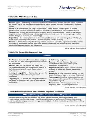 Advanced Sourcing: Maximizing Savings Identification
Page 23
© 2012 Aberdeen Group. Telephone: 617 854 5200
www.aberdeen.com Fax: 617 723 7897
Table 4: The PACE Framework Key
Overview
Aberdeen applies a methodology to benchmark research that evaluates the business pressures, actions, capabilities,
and enablers (PACE) that indicate corporate behavior in specific business processes. These terms are defined as
follows:
Pressures — external forces that impact an organization’s market position, competitiveness, or business
operations (e.g., economic, political and regulatory, technology, changing customer preferences, competitive)
Actions — the strategic approaches that an organization takes in response to industry pressures (e.g., align the
corporate business model to leverage industry opportunities, such as product / service strategy, target markets,
financial strategy, go-to-market, and sales strategy)
Capabilities — the business process competencies required to execute corporate strategy (e.g., skilled people,
brand, market positioning, viable products / services, ecosystem partners, financing)
Enablers — the key functionality of technology solutions required to support the organization’s enabling business
practices (e.g., development platform, applications, network connectivity, user interface, training and support,
partner interfaces, data cleansing, and management)
Source: Aberdeen Group, May 2012
Table 5: The Competitive Framework Key
Overview
The Aberdeen Competitive Framework defines enterprises
as falling into one of the following three levels of practices
and performance:
Best-in-Class (20%) — Practices that are the best
currently being employed and are significantly superior to
the Industry Average, and result in the top industry
performance.
Industry Average (50%) — Practices that represent the
average or norm, and result in average industry
performance.
Laggards (30%) — Practices that are significantly behind
the average of the industry, and result in below average
performance.
In the following categories:
Process — What is the scope of process
standardization? What is the efficiency and
effectiveness of this process?
Organization — How is your company currently
organized to manage and optimize this particular
process?
Knowledge — What visibility do you have into key
data and intelligence required to manage this process?
Technology — What level of automation have you
used to support this process? How is this automation
integrated and aligned?
Performance — What do you measure? How
frequently? What’s your actual performance?
Source: Aberdeen Group, May 2012
Table 6: Relationship Between PACE and the Competitive Framework
PACE and the Competitive Framework – How They Interact
Aberdeen research indicates that companies that identify the most influential pressures and take the most
transformational and effective actions are most likely to achieve superior performance. The level of competitive
performance that a company achieves is strongly determined by the PACE choices that they make and how well they
execute those decisions.
Source: Aberdeen Group, May 2012
 