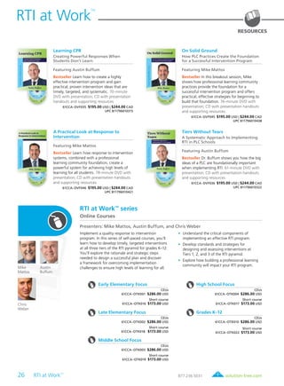 26 RTI at Work
TM
	 solution-tree.com877.236.5031
RTI at Work
TM
RESOURCES
Chris
Weber
Mike
Mattos
Early Elementary Focus
CEUs
61CCA–OTK001 $286.00 USD
Short course
61CCA–OTK016 $173.00 USD
Late Elementary Focus
CEUs
61CCA–OTK002 $286.00 USD
Short course
61CCA–OTK018 $173.00 USD
Middle School Focus
CEUs
61CCA–OTK003 $286.00 USD
Short course
61CCA–OTK019 $173.00 USD
High School Focus
CEUs
61CCA–OTK004 $286.00 USD
Short course
61CCA–OTK017 $173.00 USD
Grades K–12
CEUs
61CCA–OTK010 $286.00 USD
Short course
61CCA–OTK022 $173.00 USD
Austin
Buffum
RTI at WorkTM
series
Online Courses
Presenters: Mike Mattos, Austin Buffum, and Chris Weber
A Practical Look at Response to
Intervention
Featuring Mike Mattos
Bestseller Learn how response to intervention
systems, combined with a professional
learning community foundation, create a
powerful system for achieving high levels of
learning for all students. 78-minute DVD with
presentation; CD with presentation handouts
and supporting resources
61CCA–DVF046 $195.00 USD | $244.00 CAD
UPC 811796010421
Tiers Without Tears
A Systematic Approach to Implementing
RTI in PLC Schools
Featuring Austin Buffum
Bestseller Dr. Buffum shows you how the big
ideas of a PLC are foundationally important
when implementing RTI. 61-minute DVD with
presentation; CD with presentation handouts
and supporting resources
61CCA–DVF036 $195.00 USD | $244.00 CAD
UPC 811796010322
Implement a quality response to intervention
program. In this series of self-paced courses, you’ll
learn how to develop timely, targeted interventions
at all three tiers of the RTI pyramid for grades K–12.
You’ll explore the rationale and strategic steps
needed to design a successful plan and discover
a framework for overcoming implementation
challenges to ensure high levels of learning for all.
	•	Understand the critical components of
implementing an effective RTI program.
	•	Develop standards and strategies for
designing and assessing interventions at
Tiers 1, 2, and 3 of the RTI pyramid.
	•	Explore how building a professional learning
community will impact your RTI program.
Learning CPR
Creating Powerful Responses When
Students Don’t Learn
Featuring Austin Buffum
Bestseller Learn how to create a highly
effective intervention program and gain
practical, proven intervention ideas that are
timely, targeted, and systematic. 70-minute
DVD with presentation; CD with presentation
handouts and supporting resources
61CCA–DVF035 $195.00 USD | $244.00 CAD
UPC 811796010315
On Solid Ground
How PLC Practices Create the Foundation
for a Successful Intervention Program
Featuring Mike Mattos
Bestseller In this breakout session, Mike
shows how professional learning community
practices provide the foundation for a
successful intervention program and offers
practical, effective strategies for beginning to
build that foundation. 76-minute DVD with
presentation; CD with presentation handouts
and supporting resources
61CCA–DVF045 $195.00 USD | $244.00 CAD
UPC 811796010438
 