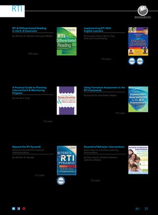 RTI 31
RTI
RTI & Differentiated Reading
in the K–8 Classroom
By William N. Bender and Laura Waller
Transition from traditional whole-group
reading instruction to the 21st century
classroom using three innovations that
dramatically improve elementary reading
instruction: RTI, differentiated instruction,
and technology. 208 pages
61CCA–BKF363 $34.95 USD | $44.00 CAD
ISBN 978-1-935249-68-9
RESOURCES
Pyramid of Behavior Interventions
Seven Keys to a Positive Learning
Environment
By Tom Hierck, Charlie Coleman,
and Chris Weber
Students thrive when educators hold
high expectations for behavior as well as
academics. This book shows how to use a
three-tiered pyramid of behavior supports
to create a school culture and classroom
climates in which learning is primed to
occur. 132 pages
61CCA–BKF532 $29.95 USD | $37.50 CAD
ISBN 978-1-936765-06-5
Beyond the RTI Pyramid
Solutions for the First Years of
Implementation
By William N. Bender
This book helps schools deepen the RTI
experience by extending the processes
beyond initial implementation. Examples
from real schools show how to apply RTI in
reading, math, and behavior at elementary
and secondary schools. 232 pages
61CCA–BKF280 $34.95 USD | $44.00 CAD
ISBN 978-1-934009-12-3
A Practical Guide to Planning
Interventions & Monitoring
Progress
By Lee Ann Jung
Learn innovative strategies to design and
measure effective classroom interventions.
The author offers teachers, individualized
education program coordinators, and
administrators research-based strategies
and tools to create and document highly
individualized plans that support response
to intervention efforts and IEPs. 136 pages
61CCA–BKF599 $29.95 USD | $37.50 CAD
ISBN 978-1-935249-50-4
Using Formative Assessment in the
RTI Framework
By Kay Burke and Eileen Depka
Understand the basics of RTI and its
connection to formative assessment, and
adjust instruction to increase levels of
student understanding and achievement
with the information, tools, and techniques
presented in this practical guide. 144 pages
61CCA–BKF369 $29.95 USD | $37.50 CAD
ISBN 978-1-935249-74-0
Implementing RTI With
English Learners
By Douglas Fisher, Nancy Frey,
and Carol Rothenberg
Learn why RTI is the ideal framework
for supporting English learners. Follow
the application and effectiveness of RTI
through classroom examples and the
stories of four representative students of
varying ages, nationalities, and language
proficiency levels. 160 pages
61CCA–BKF397 $29.95 USD | $37.50 CAD
ISBN 978-1-935249-97-9
2011WINNER
IN
N
OVATIONAW
A
RD
aep
 