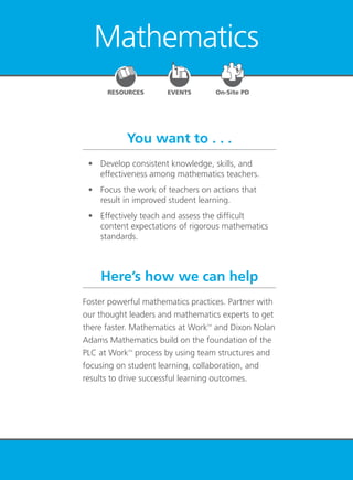 Mathematics at Work
TM
33
Mathematics
You want to . . .
Here’s how we can help
	 •	 Develop consistent knowledge, skills, and
effectiveness among mathematics teachers.
	 •	 Focus the work of teachers on actions that
result in improved student learning.
	 •	 Effectively teach and assess the difficult
content expectations of rigorous mathematics
standards.
Foster powerful mathematics practices. Partner with
our thought leaders and mathematics experts to get
there faster. Mathematics at WorkTM
and Dixon Nolan
Adams Mathematics build on the foundation of the
PLC at WorkTM
process by using team structures and
focusing on student learning, collaboration, and
results to drive successful learning outcomes.
EVENTSRESOURCES On-Site PD
 
