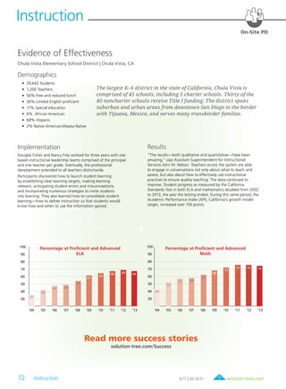 72 Instruction	 solution-tree.com877.236.5031
Instruction
▶
On-Site PD
Evidence of Effectiveness
Chula Vista Elementary School District | Chula Vista, CA
Demographics
	•	29,642 Students
	 •	 1,200 Teachers
	 •	 56% Free and reduced lunch
	 •	 36% Limited English proficient
	 •	 11% Special education
	 •	 6% African American
	 •	 68% Hispanic
	 •	 2% Native American/Alaska Native
Implementation
Douglas Fisher and Nancy Frey worked for three years with site-
based instructional leadership teams comprised of the principal
and one teacher per grade. Eventually, the professional
development extended to all teachers districtwide.
Participants discovered how to launch student learning
by establishing clear learning targets, making learning
relevant, anticipating student errors and misconceptions,
and incorporating numerous strategies to invite students
into learning. They also learned how to consolidate student
learning—how to deliver instruction so that students would
know how and when to use the information gained.
The largest K–6 district in the state of California, Chula Vista is
comprised of 45 schools, including 5 charter schools. Thirty of the
40 noncharter schools receive Title I funding. The district spans
suburban and urban areas from downtown San Diego to the border
with Tijuana, Mexico, and serves many transborder families.
Results
“The results—both qualitative and quantitative—have been
amazing,” says Assistant Superintendent for Instructional
Services John M. Nelson. Teachers across the system are able
to engage in conversations not only about what to teach and
assess, but also about how to effectively use instructional
practices to ensure quality teaching. The data continued to
improve. Student progress as measured by the California
Standards Test in both ELA and mathematics doubled from 2002
to 2013, the year the testing ended. During this same period, the
Academic Performance Index (API), California’s growth model
target, increased over 150 points.
Percentage at Proficient and Advanced
ELA
Percentage at Proficient and Advanced
Math
‘04 ‘05 ‘06 ‘07 ‘08 ‘09 ‘10 ‘11 ‘12 ‘13 ‘04 ‘05 ‘06 ‘07 ‘08 ‘09 ‘10 ‘11 ‘12 ‘13
100
90
80
70
60
50
40
30
37
4442
53
47
57
49
58
54
6261
68
63
72
66
75 75 74
69 66
100
90
80
70
60
50
40
30
Read more success stories
solution-tree.com/Success
 