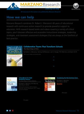 Marzano Research Resources 73
How we can help
Marzano Research combines Dr. Robert J. Marzano’s 40 years of educational
research with continuous action research to provide powerful support to
educators. With research-based books and videos covering a variety of critical
topics, you’ll discover effective and accessible instructional strategies, leadership
strategies, and classroom assessment strategies that are always at the forefront of
best practice.
A Handbook for High
Reliability Schools
The Next Step in School Reform
By Robert J. Marzano, Phil Warrick,
and Julia A. Simms
With David Livingston, Pam Livingston,
Fred Pleis, Tammy Heflebower, Jan K. Hoegh,
and Sonny Magaña
Transform your schools into organizations
that take proactive steps to ensure student
success. Using a research-based five-level
hierarchy along with leading and lagging
indicators, you’ll learn to assess, monitor,
and confirm the effectiveness of your
schools. 152 pages
61CCA–BKL020 $24.95 USD | $31.50 CAD
ISBN 978-0-9833512-7-6
RESOURCES
Collaborative Teams That Transform Schools
The Next Step in PLCs
By Robert J. Marzano, Tammy Heflebower, Jan K. Hoegh, Phil Warrick, and Gavin Grift
With Laurel Hecker and Janelle Wills
Discover a practical, comprehensive model of
effective professional learning communities. In this
user-friendly guide, educators explore research-
based steps and strategies designed to increase the
effectiveness of collaborative teams and enhance
PLCs. Examine how the PLC process can transform
critical components of education—including
curriculum, assessment, instruction, and teacher
development—and use reproducible agendas,
scales, and checklists to improve schoolwide
practices.
	•	Gain a model of effective instruction and
strategies for direct instruction.
	•	Explore resources for collaborative teams
to use as they have honest and challenging
discussions, set and monitor norms, and focus
on the right work.
	•	Chart progress and transformation with self-
evaluation surveys.
61CCA–BKL034 $29.95 USD | $37.50 CAD
ISBN 978-1-943360-03-1
Vocabulary for the Common Core
By Robert J. Marzano
and Julia A. Simms
Bestseller The Common Core State
Standards present unique demands on
students’ ability to learn vocabulary and
teachers’ ability to teach it. The authors
address these challenges in this resource,
helping you create a successful vocabulary
program. 280 pages
61CCA–BKL014 $34.95 USD | $44.00 CAD
ISBN 978-0-9858902-2-3
All resources in this section are published by Marzano Research.
 