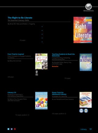 Literacy 91
The Right to Be Literate
Six Essential Literacy Skills
By Brian M. Pete and Robin J. Fogarty
Literacy skills are of paramount importance
to students in the digital age. In this book,
teachers and administrators will explore the six
comprehensive skill areas essential to 21st century
literacy—reading, writing, listening, speaking,
viewing, and representing. Learn practical
strategies for teaching students the skills they need
to think critically and communicate collaboratively
in the 21st century. 176 pages
	•	Examine aspects of receptive and
expressive language.
	•	Understand the different categories of
formative assessment.
	•	Explore examples of each literacy strategy at
the elementary, middle, and secondary levels.
	•	Contemplate standards-based strategies and
the thinking skills they target.
	•	Access discussion questions, and review
literacy strategies to use in a professional
learning community.
61CCA–BKF643 $29.95 USD | $37.50 CAD
ISBN 978-1-936763-79-5
Teaching Students to Read Like
Detectives
Comprehending, Analyzing,
and Discussing Text
By Douglas Fisher, Nancy Frey,
and Diane Lapp
Bestseller Prompt students to become
the sophisticated readers, writers, and
thinkers they need to be to achieve higher
learning. Explore the important relationship
between text, learner, and learning, and
gain an array of methods to establish
critical literacy in a discussion-based and
reflective classroom. 176 pages
61CCA–BKF499 $29.95 USD | $37.50 CAD
ISBN 978-1-935543-52-7
From Tired to Inspired
Fresh Strategies to Engage Students
in Literacy
By Mary Kim Schreck
In this Common Core State Standards–
aligned book, educators will discover
research-based tips and strategies to
improve literacy from upper elementary
to secondary school classrooms. Topics
include teaching close reading and writing,
engaging students, making literacy
instruction meaningful, and more.
208 pages
61CCA–BKF594 $34.95 USD | $44.00 CAD
ISBN 978-1-936764-37-2
RESOURCES
Power Tools for
Adolescent Literacy
Strategies for Learning
By Jan Rozzelle and Carol Scearce
Teachers need the right resources for
engaging students in reading. This book
is a veritable encyclopedia of literacy
strategies secondary teachers can apply to
all content areas immediately. It integrates
key strategies, research from top literacy
experts, and proven intervention practices.
232 pages; grades 6–12
61CCA–BKF261 $34.95 USD | $44.00 CAD
ISBN 978-1-934009-35-2
Literacy 2.0
Reading and Writing in
21st Century Classrooms
By Nancy Frey, Douglas Fisher,
and Alex Gonzalez
Students in the 21st century must
incorporate traditional literacy skills into a
mastery of technology for communicating
and collaborating in new ways. This
book offers specific teaching strategies
for developing students’ skills related
to acquiring, producing, and sharing
information. 152 pages; grades 6–12
61CCA–BKF373 $29.95 USD | $37.50 CAD
ISBN 978-1-935249-80-1
 