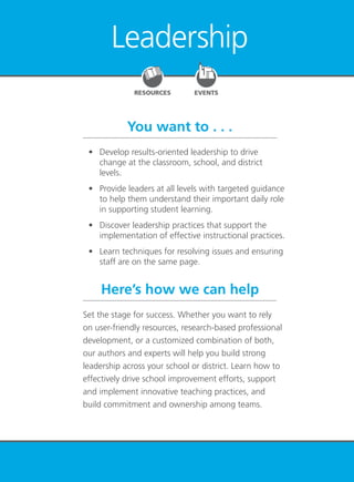 Leadership 95
Leadership
You want to . . .
Here’s how we can help
	 •	 Develop results-oriented leadership to drive
change at the classroom, school, and district
levels.
	 •	 Provide leaders at all levels with targeted guidance
to help them understand their important daily role
in supporting student learning.
	 •	 Discover leadership practices that support the
implementation of effective instructional practices.
	 •	 Learn techniques for resolving issues and ensuring
staff are on the same page.
Set the stage for success. Whether you want to rely
on user-friendly resources, research-based professional
development, or a customized combination of both,
our authors and experts will help you build strong
leadership across your school or district. Learn how to
effectively drive school improvement efforts, support
and implement innovative teaching practices, and
build commitment and ownership among teams.
EVENTSRESOURCES
 