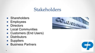 Stakeholders
● Shareholders
● Employees
● Directors
● Local Communities
● Customers (End Users)
● Distributors
● Suppliers
● Business Partners
 