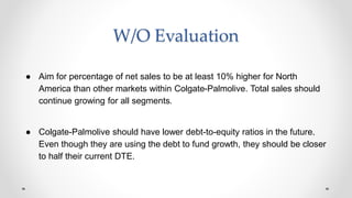 W/O Evaluation
● Aim for percentage of net sales to be at least 10% higher for North
America than other markets within Colgate-Palmolive. Total sales should
continue growing for all segments.
● Colgate-Palmolive should have lower debt-to-equity ratios in the future.
Even though they are using the debt to fund growth, they should be closer
to half their current DTE.
 