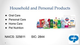 Household and Personal Products
● Oral Care
● Personal Care
● Home Care
● Pet Nutrition
NAICS: 325611 SIC: 2844
 