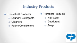 Industry Products
● Personal Products
o Hair Care
o Deodorant
o Soap
● Household Products
o Laundry Detergents
o Cleaners
o Fabric Conditioners
 