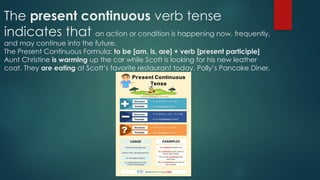 The present continuous verb tense
indicates that an action or condition is happening now, frequently,
and may continue into the future.
The Present Continuous Formula: to be [am, is, are] + verb [present participle]
Aunt Christine is warming up the car while Scott is looking for his new leather
coat. They are eating at Scott’s favorite restaurant today, Polly’s Pancake Diner.
 