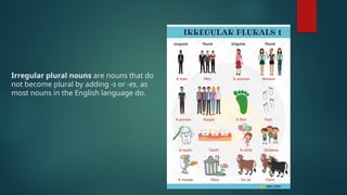 Irregular plural nouns are nouns that do
not become plural by adding -s or -es, as
most nouns in the English language do.
 