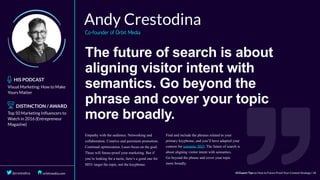 The	future	of	search	is	about
aligning	visitor	intent	with
semantics.	Go	beyond	the
phrase	and	cover	your	topic
more	broadly.
 
