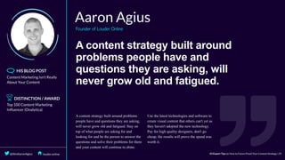 A	content	strategy	built	around
problems	people	have	and
questions	they	are	asking,	will
never	grow	old	and	fatigued.
 