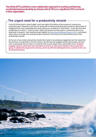 In the UK Government’s recent budget, much was made of the failure of the economy to produce any
productivity gains. Research (and common sense) tell us that the productivity gains driven by higher levels of
engagement are more sustainable than simply asking your workforce to “work harder”. In the very short term,
usually about 6 months, a “crack the whip” culture can produce transitory gains in productivity. But a very
large body of research, most recently brought together by the Harvard Business Review in 2015, quite clearly
shows that in the longer term productivity gains achieved in this way are not only transitory but are then
emphatically reversed.
At the core of any modern productivity miracle there needs to be employee engagement and the impact that
this will have on productivity in the UK economy. We all know that engaged workers get through a lot more
work; and because they do, there is no need for them to work longer hours, just smarter hours. Similarly,
engaged workers create their own motivation and don’t or want need a fearful culture to get them
going. A collaborative approach to learning, driven by HR and LD departments, could be at the core
of productivity gains.
The urgent need for a productivity miracle
Twothirds(67%)saidthatamorecollaborativeapproachtoworkingandlearning
wouldhelpboostproductivitybyatleastafair(5-10%)orasignificant(10%+)amount
intheirorganisation.
18
 