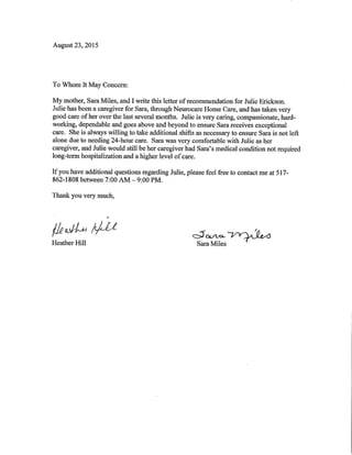 Letter of Recommendation for Julie Erickson