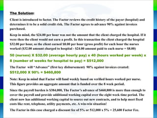 Genie Cloud
App
The Solution:
Client is introduced to factor. The Factor reviews the credit history of the payor (hospital) and
determines it to be a solid credit risk. The Factor agrees to advance 90% against invoices
purchased.
Keep in mind, the $24.00 per hour was not the amount that the client charged the hospital. If it
were then the client would not earn a profit. In this transaction the client charged the hospital
$32.00 per hour, so the client earned $8.00 per hour (gross profit) for each hour the nurses
worked ($32.00 amount charged to hospital - $24.00 amount paid to each nurse = $8.00)
50 (nurses) X $32.00 (average hourly pay) x 40 (hours worked per week) x
8 (number of weeks for hospital to pay) = $512,000
The Factor will “Advance” (first key disbursement) 90% against invoices created:
$512,000 X 90% = $460,800
Note: Keep in mind that Factor will fund weekly based on veriﬁed hours worked per nurse.
This ﬁgure provides an aggregate amount that is funded over the 8 week period.
Since the payroll burden is $384,000, The Factor’s advance of $460,800 is more than enough to
cover the payroll and provide additional working capital over the eight week time period. The
client now has additional working capital to source out new contracts, and to help meet fixed
costs like rent, telephone, utility payments, etc. A win-win situation!
The Factor in this case charged a discount fee of 5% or 512,000 x 5% = 25,600 Factor Fee.
 
