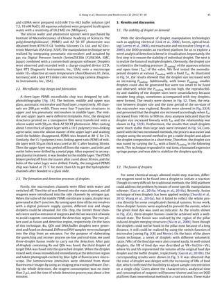 X. Xiang et al. / Biosensors and Bioelectronics 32 (2012) 43–49 45
and ctDNA were prepared in10 mM Tris–HCl buffer solution (pH
7.5, 10 mM NaCl). All aqueous solutions were prepared in ultrapure
water with a resistivity of 18.2 M cm (Millipore).
The silicon wafer and photoresist spinner were purchased by
Institute of Microelectronics of Chinese Academy of Sciences. The
poly(dimethylsiloxane) (PDMS) and AZ 50 XT photoresist was
obtained from RTV615 GE Toshiba Silicones Co. Ltd. and AZ Elec-
tronic Materials USA Corp. (USA). The manipulation technique were
realized by integrating pneumatic microvalves and actuated by
gas via Digital Pressure Switch (SeriesZSE30A (F)/ISE30A, SMC,
Japan) combined with a custom-built program software. Droplets
were observed and recorded with a charge-coupled device (CCD,
Spot RT3 Diagnostic Instruments, Inc., USA) onto a microscope
under 10× objective at room temperature (Axio Observer.A1, Zeiss,
Germany) and a Spot RT3 slider color microscopy camera (Diagnos-
tic Instruments, Inc., USA).
2.2. Microﬂuidic chip design and fabrication
A three-layer PDMS microﬂuidic chip was designed by soft-
photolithography (Fig. 1A). The bottom, middle and upper was
glass, automatic microvalve and ﬂuid layer, respectively. All chan-
nels are 200 ␮m width. There were four T-junction structures in
upper and ten pneumatic microvalves in middle layer. The mid-
dle and upper layers were different templates. First, the designed
structures printed on a transparent ﬁlm were transferred onto a
silicon wafer with 50 ␮m thick AZ 50 XT photoresist. After casting
about 5 mm thick of upper layer with a 10:1 polymer/cross-linking
agent ratio, onto the silicon master of the upper layer and waiting
until the bubbles disappeared, PDMS was heated at 80 ◦C for 2 h.
Similarly, the 15:1 polymer/cross-linking agent ratio PDMS of mid-
dle layer with 50 ␮m thick was cured at 80 ◦C after heating 30 min.
Then the upper layer was peeled off from the master, and inlet and
outlet holes were drilled by a metal pipe. After exposed to an oxy-
gen plasma treatment, it was bonded to the middle layer. The PDMS
bilayer peeled off from the master after cured about 30 min, and the
holes of the valve layer were drilled. Finally, the integrated PDMS
chip was baked at 75 ◦C for more than 6 h to get the hydrophobic
channels after bonded to a glass slide.
2.3. The formation and detection processes of droplets
Firstly, the microvalves channels were ﬁlled with water and
switched off. Then the oil was ﬂowed into the main channel, and all
reagents were introduced into the side channels by nitrogen gas.
When the valve of the middle PDMS membrane is open, droplet was
generated at the T-junction. By tuning open time of the microvalves
with a digital pressure supply system, different size and shape
droplets could be obtained. For this chip, the former three chan-
nels were used as entrance of reagents and the last was exit of waste
to avoid reagents contaminated the detection region. The two pil-
lars used as fusion and detection region, respectively. On the basis
of this technique, Ru, QDs and DNA/buffer droplets were gener-
ated and fused on demand. Different DNA samples were exchanged
into the chip from an entrance. For the purpose of elaborating
the quenching and recover process on-line and real-time, we used
three-droplet fusion mode to carry out the detection. After pair
of droplets containing Ru and QDs was fused, the third droplet of
target DNA was fused into the quenched droplet. When the droplet
mixed well, it was immobilized immediately at the detection region
and taken photograph excited by blue light of ﬂuorescence micro-
scope. The luminescence intensities were obtained from those
ﬂuorescence images by using an imaging processing software. Dur-
ing the whole detection, the reagent consumption was no more
than 2 ␮L, and the time of whole detection process was about a few
minutes.
3. Results and discussion
3.1. The stability of droplet on demand
With the development of droplet manipulation technologies
such as applying electrical (Link et al., 2006), forces, optical heat-
ing (Lorenz et al., 2006), microactuator and microvalve (Zeng et al.,
2009), the DOD provides an excellent platform for us to explore a
novel analytical detection scheme in visualization. Importantly, the
ﬁrst step is to ensure the stability of individual droplet. The next is
to realize the fusion of multiple droplets. Obviously, the droplet size
is related to the loading pressure (PLoading) of the aqueous solution
and open time (Ton) of the valve. We ﬁrst tested the monodis-
persed droplets at various PLoading with a ﬁxed Ton. As illustrated
in Fig. S1, the results showed that the droplet size increased with
an increasing PLoading. Additionally, with lower PLoading, smaller
droplets could also be generated but were too small to be fused
and observed; while the PLoading was too high, the reproducibil-
ity and stability of the droplet sizes were unsatisfactory because
instable long plugs, sometimes accompanied with tiny droplets,
were formed. The results were shown in Fig. S2. Then, the rela-
tion between droplet size and the time period of the on-state of
the microvalve was explored. Results were showed in Fig. S3(A)
and presented that the droplet size increased accordingly when Ton
increased from 100 ms to 900 ms. Area analysis indicated that the
droplet size increased linearly with Ton and the relationship was
shown in Fig. S3(B). Furthermore, the results that small droplets
were much stable than large ones were revealed in Fig. S4. Com-
pared with the two mentioned methods, the process was easier and
simpler using the second method to get a stable droplet and adjust
the droplet composition in a short time. Therefore, the droplet size
was tuned by varying the Ton with a ﬁxed PLoading in the following
work. This technique responded in real time, eliminated expensive
syringe pumps and was able to stabilize the droplets quickly.
3.2. The fusion of droplets
For some chemical assays allowed multi-step reaction, differ-
ent reagents need to be fused into a droplet to initiate a reaction.
Though it is very difﬁcult for traditional methods, the DOD platform
could address the problem by means of some speciﬁc manipulation
schemes (Guo et al., 2010a; Wang et al., 2010a). Recently, fusion
technique of two droplets has been applied widely (Churski et al.,
2010; Wang et al., 2010a), but it failed to reﬂect the whole pro-
cess directly for some complicated chemical systems. In our work,
three-droplet fusions were explored to present the events, where
the green food dye was used an indicator. As the results shown
in Fig. 2(A), three-droplet fusions could be achieved with a well-
mixed state. The fusion was realized by the region of the pillar
induced droplet merging structures (Niu et al., 2008). Even though
the droplets could not be fused in the pillar zone because of a long
distance, it still could be realized by using the switch function of
microvalve (seeing Fig. 2(B) and Movie). On the basis of the above
fusion technique, a series of droplets with different volumetric
ratios (VRs) of the food dye were also created easily. In well-mixed
droplets, the VR of food dye was described as VR = Vo/(Vo + Vb),
where Vo and Vb represented the volume of the original food dye
droplet and the buffer droplet, respectively (Guo et al., 2010b). The
corresponding results were shown in Fig. 3. It was observed that
the color of droplet was deeper with the increasing of VRs of food
dye, which conﬁrmed the feasibility to adjust sample concentration
on a single chip. Given above the characteristics, analytical time
and consumption of reagents will become shorter and less on DOD
platform than conventional methods in a vast solution. These make
 