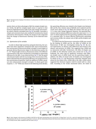 X. Xiang et al. / Biosensors and Bioelectronics 32 (2012) 43–49 47
Fig. 4. The ﬂuorescence imaging in the absence (A) and presence of ctDNA (B) with concentration of 27 pg. In the system, the concentrations of QDs and Ru were 5 × 10−6
M
and 1 × 10−4
M.
system, there are three advantages of QD–Ru complex droplet sen-
sor. Firstly, the QD–Ru complex dyads sensor is superior to that
based on single ﬂuorescence of Ru in the color change and sensitiv-
ity, which could be concluded from Fig. S6. Secondly, it provides a
simple and convenient dual-color method for luminescence-based
colorimetric determination. Thirdly, the change of color originated
from the change in ﬂuorescence intensity can be observed more
easily.
3.4. Optimization of the variables
In order to obtain high sensitivity and good selectivity, the vari-
ables have been optimized. Compared with macro-environment,
the concentration of ﬂuorescent probe in droplet is much higher to
generate obvious ﬂuorescence signal. In this detection system, the
5 × 10−6 M green QDs served as a ﬂuorescence donor. Five different
concentrations of Ru were introduced to investigate its quenching
efﬁciency for the QDs. It was observed form Fig. S7 that the green
color became darker with the increasing of the concentration of Ru,
which indicated that the quenching efﬁciency was proportional to
the concentration of quencher. Upon the addition of ctDNA, a grad-
ual color enhancement emerged in droplet. To obtain good color
response, 1 × 10−4 M Ru was chosen in the following work. Besides,
the quenching efﬁciency was related to the droplet sizes between
QDs and Ru, thus volume ratios of QDs/Ru were explored and the
results were shown in Fig. S8. When the volume ratio was up to
1:2, a clear color change appeared. However, the quenched ﬂuo-
rescence had not obvious differences when the ratios were 1:2, 1:3
and 1:4, which might be that the quenching capability of Ru arrived
at a saturated state. To ensure effective ﬂuorescence quenching
and recovery of QDs, the volume ratio of QDs and Ru droplets was
chosen as 1:3.
To conﬁrm that the ﬂuorescence restoration of QDs was caused
by the binding of ctDNA and Ru, the effect of ctDNA on the
ﬂuorescence of QDs was investigated (seeing Fig. S9). By con-
trol experiments, no obvious color differences were found in the
absence and presence of ctDNA. This suggested that ctDNA had
no interaction with QDs. Furthermore, the effect of droplet size
of ctDNA on the detection system was carried out in Fig. S10.
Evidently, the colors had no signiﬁcant variations with differ-
ent droplet sizes of ctDNA fused into the quenching droplet. In
addition, the effect of mixed order of droplets was investigated.
As shown in Fig. S11, the ﬂuorescence intensities obtained were
almost for the modes of Ru–ctDNA–QDs or Ru–QDs–ctDNA, which
suggested the chemical reagents could be mixed well in a short
time. According to the results mentioned above, the mode of
Fig. 5. Color changes in the presence of ctDNA in 0.01 M Tris–HCl with concentrations of 0, 2.0, 6.0, 8.0, 12, 20 pg (from 1 to 6) (A1); and in 0.1 mg/ml human serum, with
concentrations of 0, 3.0, 10, 13, 18, and 21 pg (from 1 to 6) (A2). (B) The relationships between the ﬂuorescence intensities and the concentrations of ctDNA (B1) in buffer and
(B2) in human serum. Other conditions were the same as Fig. 4.
 