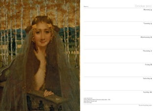 Week 41 October 2010
Monday 4
Tuesday 5
Wednesday 6
Thursday 7
Friday 8
Saturday 9
Sunday 10
The Art Fund Diary 2010
Lucien Lévy-Dhurmer
Portrait of Marguerite Moreno (The Autumn Bride), detail, c 1896
Bowes Museum, Barnard Castle
© The artist’s estate
 