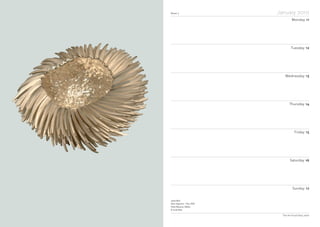 Junko Mori
Silver Organism – Pine, 2007
Ulster Museum, Belfast
© Junko Mori
Week 3 January 2010
Monday 11
Tuesday 12
Wednesday 13
Thursday 14
Friday 15
Saturday 16
Sunday 17
The Art Fund Diary 2010
 