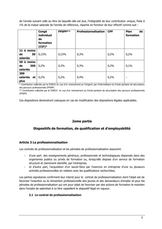 3
de l'année suivant celle au titre de laquelle elle est due, l'intégralité de leur contribution unique, fixée à
1% de la masse salariale de l’année de référence, répartie en fonction de leur effectif comme suit :
Congé
individuel
de
formation
(CIF)*
FPSPP** Professionnalisation CPF Plan de
formation
11 à moins
de 50
salariés
0,15% 0,15% 0,3% 0,2% 0,2%
50 à moins
de 300
salariés
0,2% 0,2% 0,3% 0,2% 0,1%
300
salariés et
plus
0,2% 0,2% 0,4% 0,2% -
* Contribution collectée par le FORCO en vue d’un reversement au Fongecif, par l’intermédiaire du Fonds paritaire de sécurisation
des parcours professionnels (FPSPP)
** Contribution collectée par le FORCO en vue d’un reversement au Fonds paritaire de sécurisation des parcours professionnels
(FPSPP)
Ces dispositions deviendront caduques en cas de modification des dispositions légales applicables.
2eme partie
Dispositifs de formation, de qualification et d’employabilité
Article 3 La professionnalisation
Les contrats de professionnalisation et les périodes de professionnalisation associent:
- d’une part des enseignements généraux, professionnels et technologiques dispensés dans des
organismes publics ou privés de formation ou, lorsqu'elle dispose d'un service de formation
structuré et clairement identifié, par l'entreprise,
- et d’autre part, l'acquisition d'un savoir-faire par l'exercice en entreprise d'une ou plusieurs
activités professionnelles en relation avec les qualifications recherchées.
Les parties signataires confirment leur interet pour le contrat de professionnalisation dont l'objet est de
favoriser l'insertion ou la réinsertion professionnelle des jeunes et des demandeurs d'emploi et pour les
périodes de professionnalisation qui ont pour objet de favoriser par des actions de formation le maintien
dans l'emploi de salariéset à ce titre rappellent le dispositif légal en vigueur.
3.1 Le contrat de professionnalisation
 