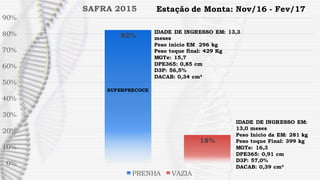 82%
18%
0%
10%
20%
30%
40%
50%
60%
70%
80%
90%
SAFRA 2015
PRENHA VAZIA
Estação de Monta: Nov/16 - Fev/17
IDADE DE INGRESSO EM: 13,3
meses
Peso inicio EM 296 kg
Peso toque final: 429 Kg
MGTe: 15,7
DPE365: 0,85 cm
D3P: 56,5%
DACAB: 0,34 cm²
IDADE DE INGRESSO EM:
13,0 meses
Peso Inicio da EM: 281 kg
Peso toque Final: 399 kg
MGTe: 16,3
DPE365: 0,91 cm
D3P: 57,0%
DACAB: 0,39 cm²
SUPERPRECOCE
 