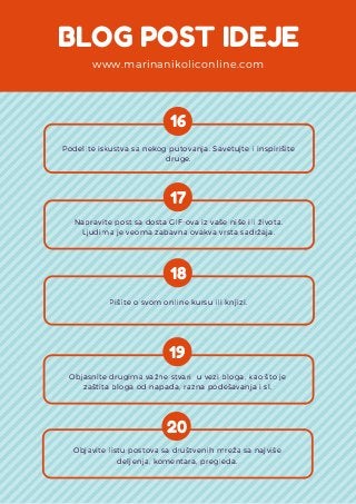 BLOG POST IDEJE
www.marinanikoliconline.com
16
Podelite iskustva sa nekog putovanja. Savetujte i inspirišite
druge.
17
Napravite post sa dosta GIF-ova iz vaše niše ili života.
Ljudima je veoma zabavna ovakva vrsta sadržaja.
18
Pišite o svom online kursu ili knjizi.
19
Objasnite drugima važne stvari  u vezi bloga, kao što je
zaštita bloga od napada, razna podešavanja i sl.
20
Objavite listu postova sa društvenih mreža sa najviše
deljenja, komentara, pregleda.
 
