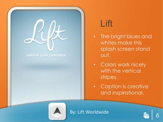 Lift
          • The bright blues and
            whites make this
            splash screen stand
            out.
          • Colors work nicely
            with the vertical
            stripes.
          • Caption is creative
            and inspirational.


By: Lift Worldwide
                                   6
 