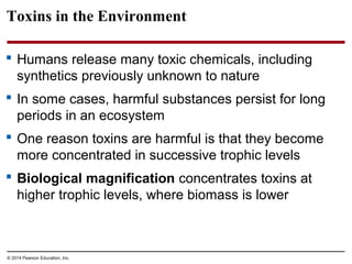 © 2014 Pearson Education, Inc.
Toxins in the Environment
 Humans release many toxic chemicals, including
synthetics previously unknown to nature
 In some cases, harmful substances persist for long
periods in an ecosystem
 One reason toxins are harmful is that they become
more concentrated in successive trophic levels
 Biological magnification concentrates toxins at
higher trophic levels, where biomass is lower
 