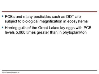 © 2014 Pearson Education, Inc.
 PCBs and many pesticides such as DDT are
subject to biological magnification in ecosystems
 Herring gulls of the Great Lakes lay eggs with PCB
levels 5,000 times greater than in phytoplankton
 