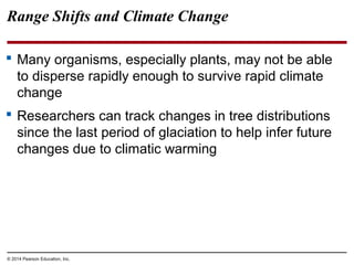 © 2014 Pearson Education, Inc.
 Many organisms, especially plants, may not be able
to disperse rapidly enough to survive rapid climate
change
 Researchers can track changes in tree distributions
since the last period of glaciation to help infer future
changes due to climatic warming
Range Shifts and Climate Change
 