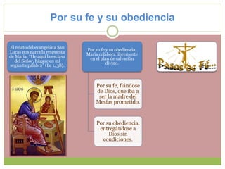 Por su fe y su obediencia
El relato del evangelista San
Lucas nos narra la respuesta
de María: “He aquí la esclava
del Señor, hágase en mí
según tu palabra” (Lc 1, 38).
Por su fe y su obediencia,
María colabora libremente
en el plan de salvación
divino.
Por su fe, fiándose
de Dios, que iba a
ser la madre del
Mesías prometido.
Por su obediencia,
entregándose a
Dios sin
condiciones.
 