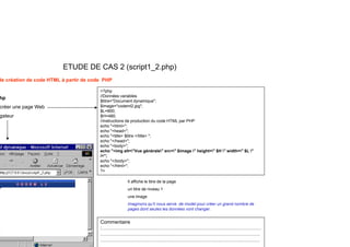 ETUDE DE CAS 2 (script1_2.php)
de création de code HTML à partir de code PHP
hp
créer une page Web
<?php
//Données variables
$titre="Document dynamique";
$image="codeml2.jpg";
$L=800;
gateur $H=480;
//instructions de production du code HTML par PHP
echo "<html>";
echo "<head>";
echo "<title> $titre </title> ";
echo "</head>";
echo /head ;
echo "<body>";
echo "<img alt="Vue générale" src=" $image " height=" $H " width=" $L "
/>";
echo "</body>";
echo "</html>";
?>
?>
Il affiche le titre de la page
un titre de niveau 1
une image
g
imaginons qu’il nous serve de model pour créer un grand nombre de
pages dont seules les données vont changer.
Commentaire
:……………………………………………………………………………………
……………………………………………………………………………………
……………………………………………………………………………………
 