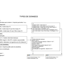 TYPES DE DONNEES
s :
s :
données peut contenir n ’importe quel entier + ou -
nteger.php
78; // entier base 10
<?
$integer1=478; // entier base 10
$integer2=052; // entier base 8 vaut 42 en base 10
$integer3=0x9E; // entier base 16 vaut 158 en base 10
;
52; // entier base 8 vaut 42 en base 10
x9E; // entier base 16 vaut 158 en base 10
aux :
$integer3=0x9E; // entier base 16 vaut 158 en base 10
echo "entier base 10",$integer2,"<br>";
echo "entier base 8 vaut 42 en base 10",$integer2,"<br>";
echo "entier base 16 vaut 158 en base 10",$integer2,"<br>";
?>
aux :
ecim.php
2,21; // notation décimale classique
25E;// égal à 1,25x10^4, notation exponentielle
<?
//notation décimale classique
$decim1=52 21;
g p
g(52);// affectation de logarithme de 52 à $decim3
es de caractères :
de m ’importe quelle suite de caractères,
$decim1 52.21;
echo"notation décimale classique : $decim1 <br>";
//notation exponentielle
$decim2=1.25E4;
echo"notation exponentielle $decim2 <br/>";
//affectation de logarithme
$d i 3 l (52)
p q ,
es ou numériques.
ierre ‘’ ;
$decim3=log(52);
echo"affectation de logarithme : $decim3 <br>";
?>
$preom ‘’
 