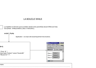 LA BOUCLE WHILE
La répétition se fait tant que la condition placée entre parenthèse devant While est Vraie.
Sa syntaxe : while(condition) { bloc d ’instruction;}
script1_15.php
Application : ce script crée dynamiquement trois boutons.
$i<3)
$i<3)
Choix $i ";
<input type="button" name="bouton$i"
"B t $i " >"
="Bouton $i " >";
entaire
………………………………………………………………………..…………………………..…….………….…………………
 