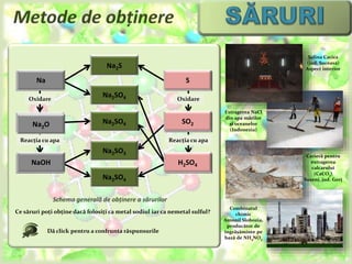 Salina Cacica 
(jud. Suceava) 
Aspect interior 
Extragerea NaCl 
din apa mărilor 
și oceanelor 
(Indonezia) 
Carieră pentru 
extragerea 
calcarului 
(CaCO3) 
Suseni, jud. Gorj 
Combinatul 
chimic 
Amonil Slobozia, 
producător de 
îngrășăminte pe 
bază de NH4NO3 
Săruri 
Na2S 
………………… 
Săruri 
Na2SO4 
………………… 
S 
Na 
Oxidare Oxidare 
Săruri 
Na2SO4 
………………… 
SO2 
Na2O 
Reacția cu apa Reacția cu apa 
Săruri 
Na2SO3 
………………… 
Săruri 
Na2SO4 
……………….. 
Nemetal 
………………… 
Oxid nemetalic 
………………… 
Acid 
H2SO4 
………………. 
Metal 
……………….. 
Oxid metalic 
………………… 
Hidroxid 
NaOH 
……………….. 
Ce săruri poți obține dacă folosiți ca metal sodiul iar ca nemetal sulful? 
Dă click pentru a confrunta răspunsurile 
 