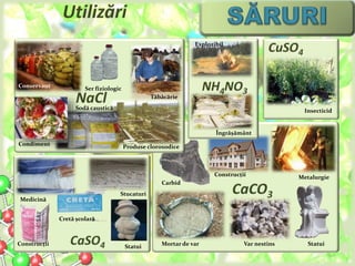 Conservant Ser fiziologic 
Condiment 
Tăbăcărie 
Produse clorosodice 
Sodă caustică 
Carbid 
Explozibil 
Îngrășământ 
Insecticid 
Mortar de var 
Construcții Metalurgie 
Medicină 
Cretă școlară 
Stucaturi 
Construcții Var nestins Statui 
Statui 
 