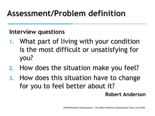Assessment/Problem definition
Interview questions

What part of living with your condition
is the most difficult or unsatisfying for
you?
2. How does the situation make you feel?
3. How does this situation have to change
for you to feel better about it?
1.

Robert Anderson
DPMI Workforce Development – The Alfred Workforce Development Team June 2005

 