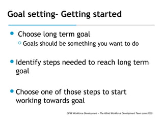 Goal setting- Getting started


Choose long term goal


Goals should be something you want to do

 Identify

steps needed to reach long term

goal
 Choose

one of those steps to start
working towards goal
DPMI Workforce Development – The Alfred Workforce Development Team June 2005

 