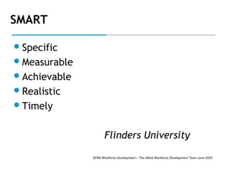 SMART
 Specific
 Measurable
 Achievable
 Realistic
 Timely

Flinders University
DPMI Workforce Development – The Alfred Workforce Development Team June 2005

 