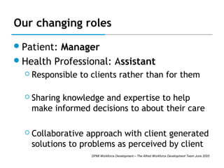 Our changing roles
 Patient:

Manager
 Health Professional: Assistant


Responsible to clients rather than for them



Sharing knowledge and expertise to help
make informed decisions to about their care



Collaborative approach with client generated
solutions to problems as perceived by client
DPMI Workforce Development – The Alfred Workforce Development Team June 2005

 