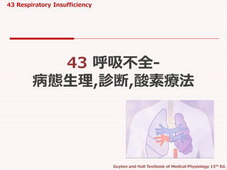 43 Respiratory Insufficiency
Guyton and Hall Textbook of Medical Physiology 13th Ed.
43 呼吸不全-
病態生理,診断,酸素療法
 