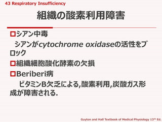 43 Respiratory Insufficiency
Guyton and Hall Textbook of Medical Physiology 13th Ed.
シアン中毒
シアンがcytochrome oxidaseの活性をブ
ロック
組織細胞酸化酵素の欠損
Beriberi病
ビタミンB欠乏による,酸素利用,炭酸ガス形
成が障害される.
組織の酸素利用障害
 