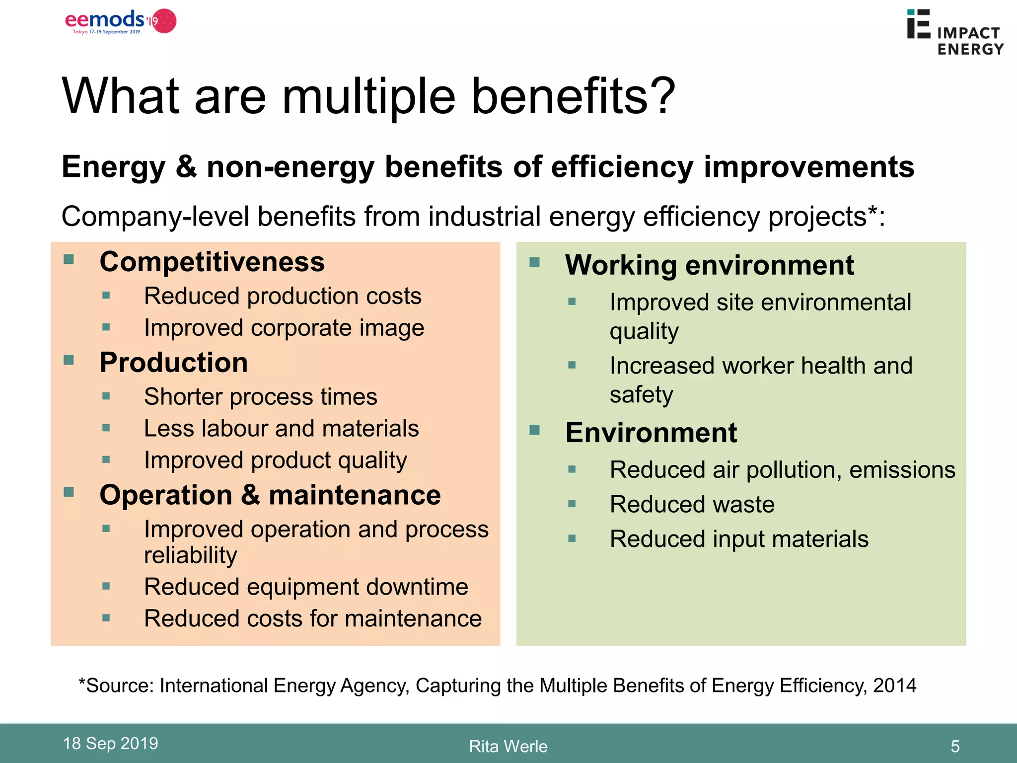 What are multiple benefits?
▪ Competitiveness
▪ Reduced production costs
▪ Improved corporate image
▪ Production
▪ Shorter process times
▪ Less labour and materials
▪ Improved product quality
▪ Operation & maintenance
▪ Improved operation and process
reliability
▪ Reduced equipment downtime
▪ Reduced costs for maintenance
▪ Working environment
▪ Improved site environmental
quality
▪ Increased worker health and
safety
▪ Environment
▪ Reduced air pollution, emissions
▪ Reduced waste
▪ Reduced input materials
18 Sep 2019 Rita Werle 5
Energy & non-energy benefits of efficiency improvements
*Source: International Energy Agency, Capturing the Multiple Benefits of Energy Efficiency, 2014
Company-level benefits from industrial energy efficiency projects*:
 